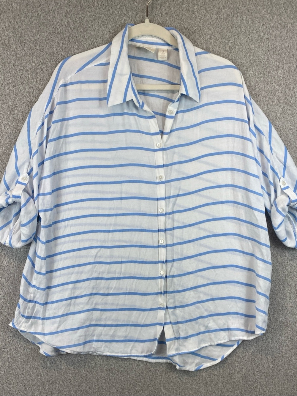 Chicos Coastal Striped Button Up Shirt Size 3 (XL) Preppy Roll Tab